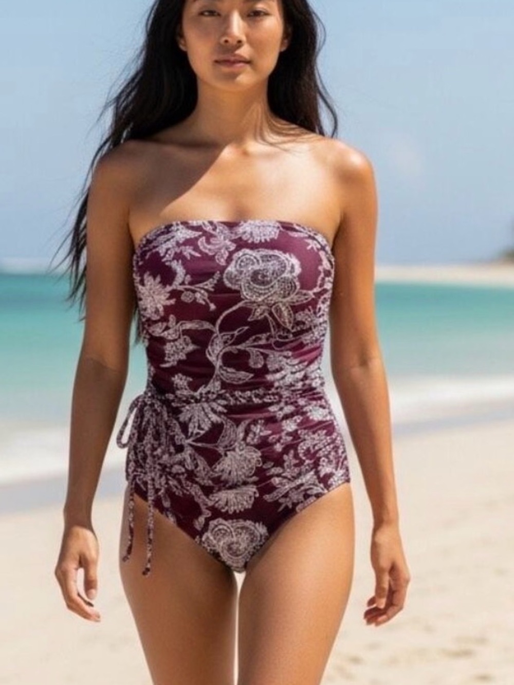 NWT Shade & Shore Floral-Print Bandeau High-Leg Cheeky One-Piece Swimsuit - Sz M